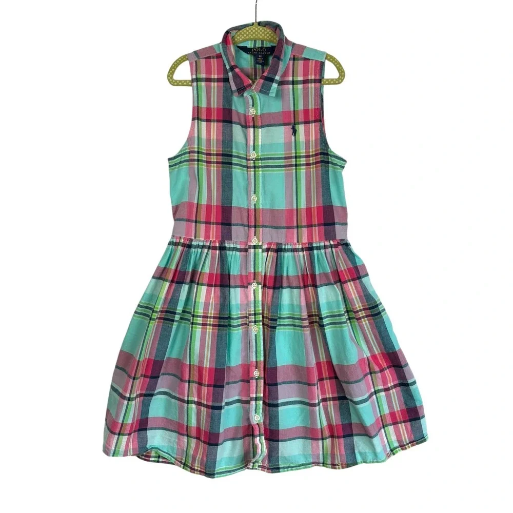 Polo Ralph Lauren Girls 6X Plaid Madras Sleeveless Button Front Shirt Dress Blue